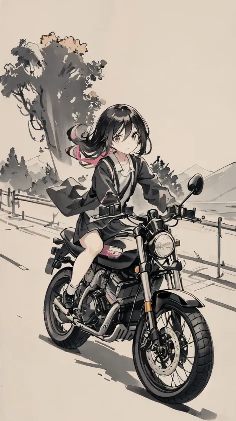 Girl riding pink motorcycle, Ball Head, Flowing hair, Come back to me, Holding a mobile phone, cute, interesting, suspenders, Road Background, vehicle, Disguise, streamer, Black Hair, Black cloth shoes, ink, landscape, High resolution