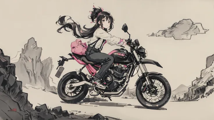 Girl riding pink motorcycle, Ball Head, Flowing hair, Come back to me, Holding a mobile phone, cute, interesting, suspenders, Road Background, vehicle, Disguise, streamer, Black Hair, Black cloth shoes, ink, landscape, High resolution