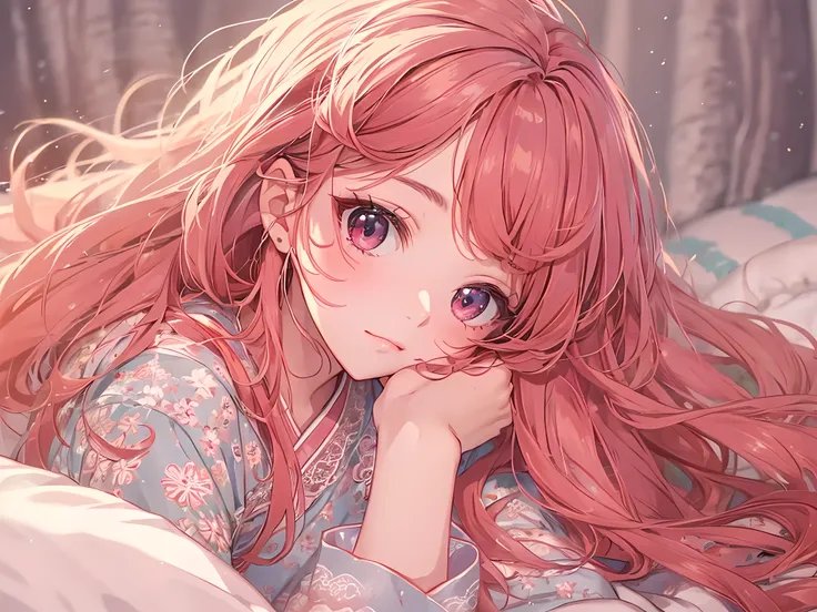 beautiful young woman, anime style, detailed face, red hair, hair down, large eyes, pink eyes, delicate features, soft lighting, wearing stylish pajamas, silk pajamas, intricate lace details, pastel colors, elegant design, lying in bed, hugging pillow, coz...