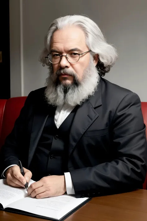 imagem de karl marx de terno preto em um escritorio 