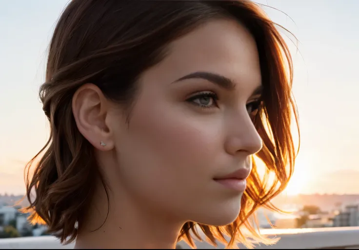 Very Realistic side portrait of a woman on balcony in sunrise and wind from back