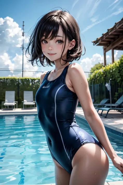 very cute and beautiful girl,(highly detailed beautiful face),(blue school swimsuit),
standing,arms behind back,pool side,tiny colorful flowers on grassland,
(smile:1.2),happy,looking at viewer,black hair,cowboy shot,
(best quality,masterpiece),absurdres,h...