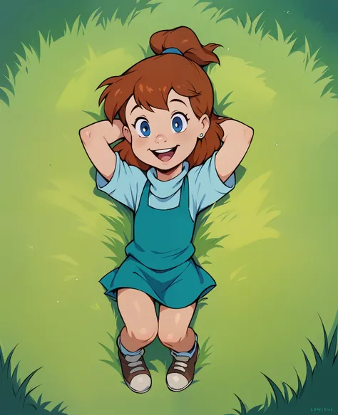 score_8, score_9, jenny, brown hair, ponytail, blue eyes, earrings, lying on back, in grass, hands behind head, open smile, full...