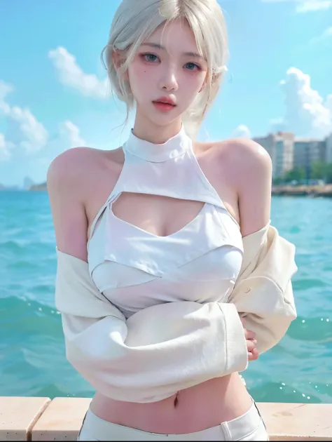 Beautiful woman with perfect figure：1.4，Layered hairstyle，White skin，Prominent cleavage，Bikini：1.5，Super short pleated skirt，whole body，Very delicate facial and skin texture，Double eyelids，Skin Whitening，Long white hair