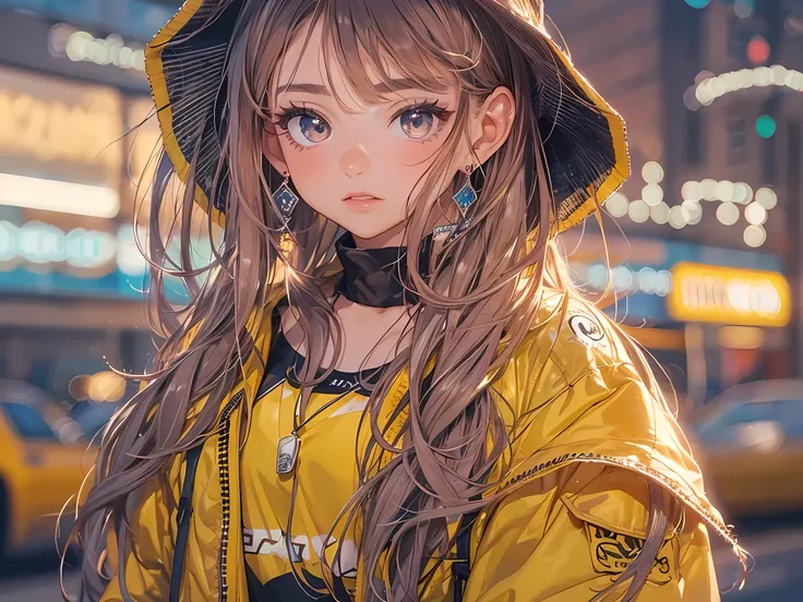 beautiful young woman, anime style, detailed face, long hair, large eyes, delicate features, soft lighting, trendy outfit, stylish streetwear, vibrant colors, dynamic pose, urban background, city lights, sunset, golden hour, candid shot, Instagrammable, hi...