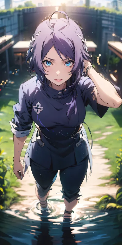 MC, ahoge, (long hari, purple hair:1.3), hair ornament, dark-blue eyes, anatomically correct, heavy breathing, mature female, masterpiece, high quality, high details, highres, HD, thigh, tick, torn, water drop, dusty, haori, pants, obi, standing, field, ge...