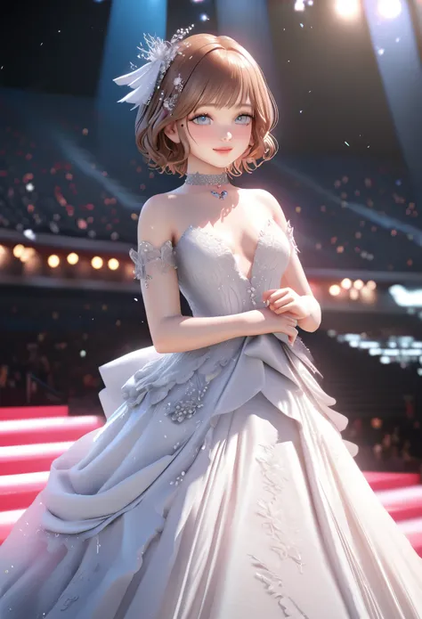 One girl, looking at the audience,
beautiful blue eyes, brown short hair, mole under eye, plump glossy lips, heart shaped choker, idol, smiling, . . . . 3D, realistic,
princess dress with too many frills, draped clothes, jewels, embellishments stripped awa...