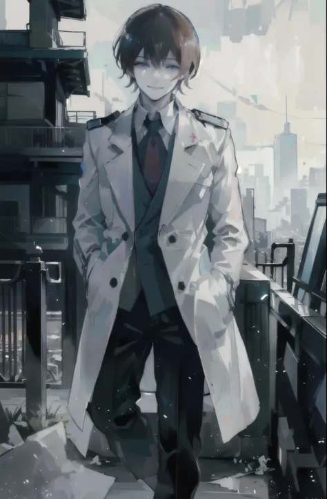 young man, brown hair, blue eyes, smiling, medium hair, wearing a pure white trench coat, wearing black pants, in one city, 4k, detailed, sui ishida art style, detailed eyes,