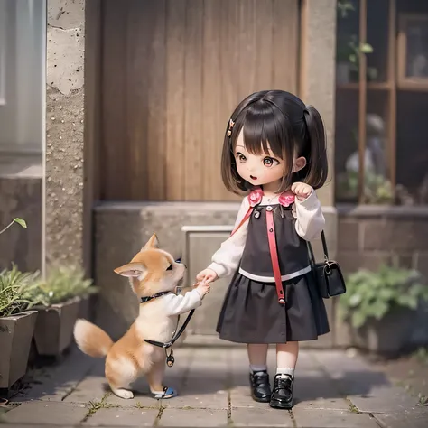 a bit, A Shiba Inu girl walking on a leash with a girl(((((child)))))