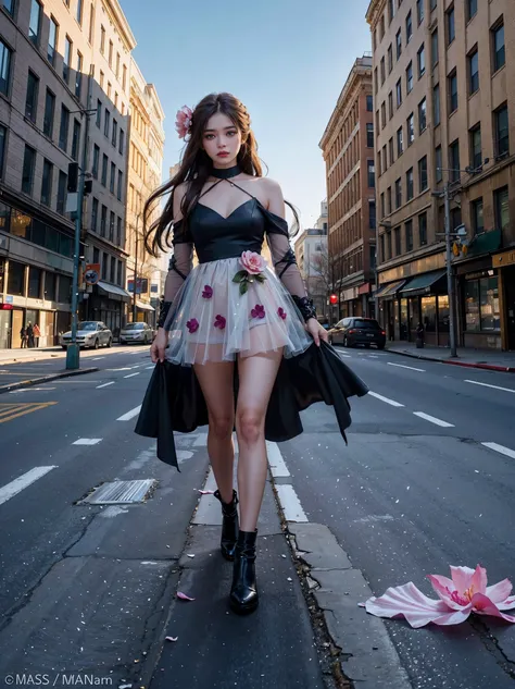 A cinematic photo of a brunette fashion model wearing a magical lilal flower petal-made dress, as she strides confidently through a desolate, dark post-apocalyptic cityscape, capturing the stark juxtaposition of beauty and decay, with the models flawless s...