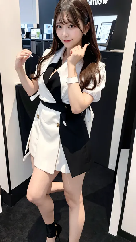 A female concierge standing next to a monitor at ashow exhibition. She is wearing professional attire (such as an elegant dress with a brand logo),The surroundings show other booths, capturing the lively atmosphere of the event.Very attractive legs,group s...