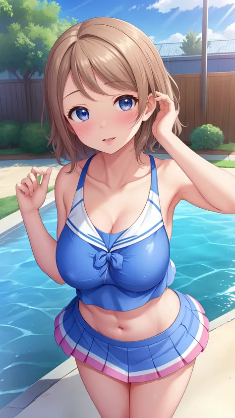 (Masterpiece), 8k wallpaper, solo, Watanabe you, game cg, beautiful detailed face and eyes, perfect anatomy, standing, outside, blush, glossy lips, cheerleader, midriff, collarbone