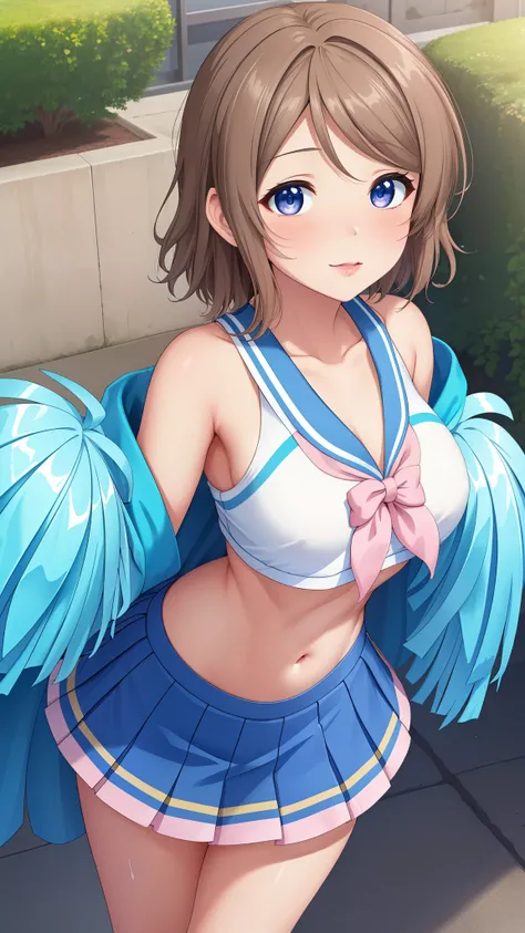 (Masterpiece), 8k wallpaper, solo, Watanabe you, game cg, beautiful detailed face and eyes, perfect anatomy, standing, outside, blush, glossy lips, cheerleader, midriff, collarbone