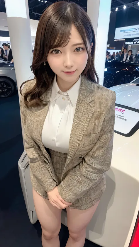 a female companion standing next to a monitor at ashow exhibition. she is wearing professional attire (such as an elegant dress ...