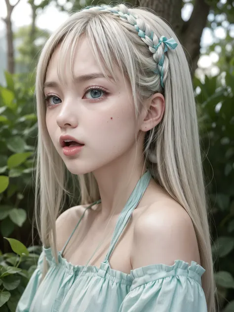 Hatsune Miku、pfotorealistic, Highresolution, 1 woman, white-haired, Korean, Heterochromia eyes, Small moles under the eyes,outdoor、showing the tongue