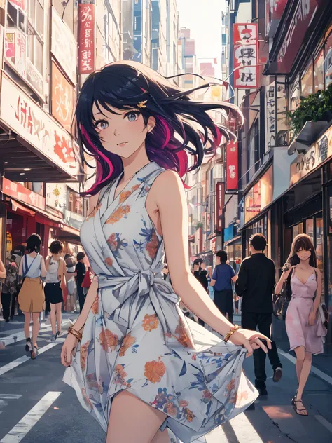 beautiful young woman, anime style, long flowing hair, vibrant eye color, delicate features, soft lighting, wearing a chic summer dress, light and airy fabric, floral pattern, trendy accessories, urban background, bustling city street, golden hour lighting...