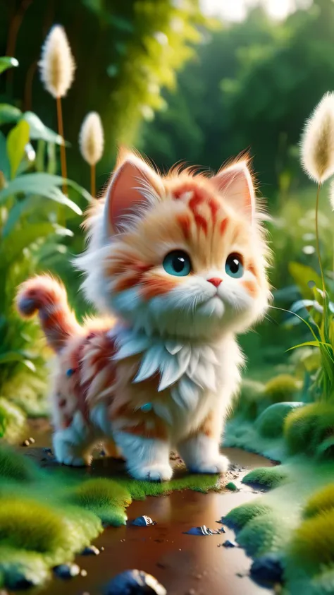 ral-fluff,chibi,masterpiece,best quality,original,official art,1cat,red scarf,grass,blurred background,cartoon rendering,beautif...