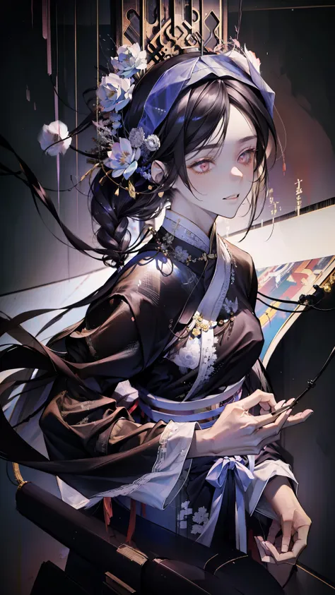 ((male)), black long hair, ((best quality)), ((masterpiece)), (detailed), perfect face, Character design, chinese, some braids and pearls in hair, wearing white yukata