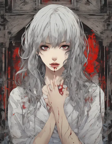 Realistic face extreme close up detailed eerie looking lady with elongated untamed black hair , having a detailed creepy eyes with scary expression holding her face with her wornout dirty hand having dripping blood and a worn out tattered dress in the a tw...