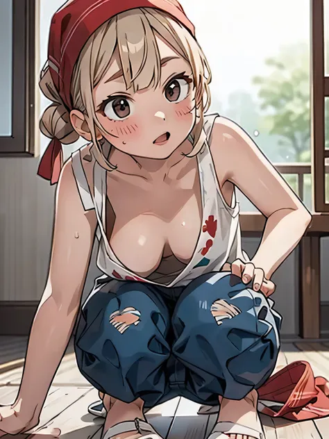 highest quality, Masterpiece in anime style, (alone:1.1), Bottom View, housewife, A woman squats down and cleans a wooden floor with a rag, Sexy woman in shorts, Head scarf, Short jeans, Denim shorts, See-through wet low cut tank top, Clothes are wet, A wo...