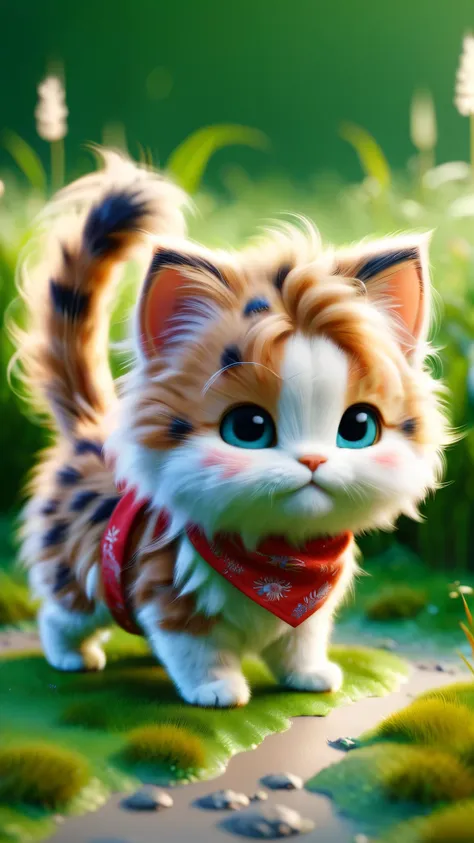 ral-fluff,chibi,masterpiece,best quality,original,official art,1cat,red scarf,grass,blurred background,cartoon rendering,beautif...