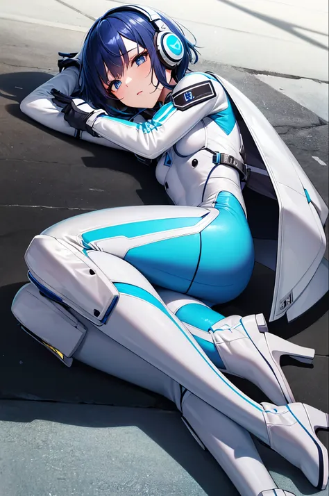 (masterpiece, highest quality, Highest Resolution, clear_image, Detailed explanation): (alone, Lonely Girl, The Face of Japan, Blue Hair Girl, short hair, Full body portrait, Small breasts, Sparkling blue eyes, Metallic white and blue pilot suit, Black, Ti...