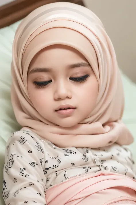 ((SLEEPING BEAUTY)), ((EYES WIDE )), ((OPEN BIG HUGE EYES)), Very Thin body (Wearing Bra Lingerie), (((HIJAB MALAY GIRL))), masutepiece, High quality, UHD 32K, Realistic face, Realistic skin feeling , A Malay Lady, 8 years old. ((Face cute like a baby)), (...