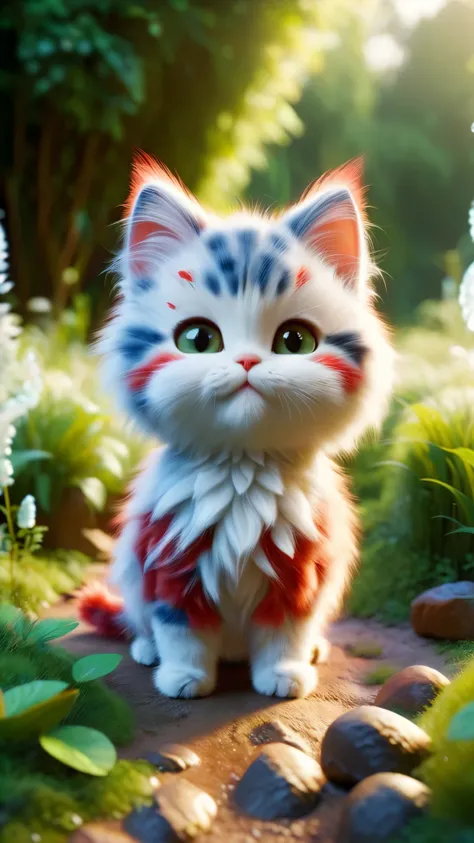 ral-fluff,chibi,masterpiece,best quality,original,official art,1cat,red scarf,grass,blurred background,cartoon rendering,beautif...