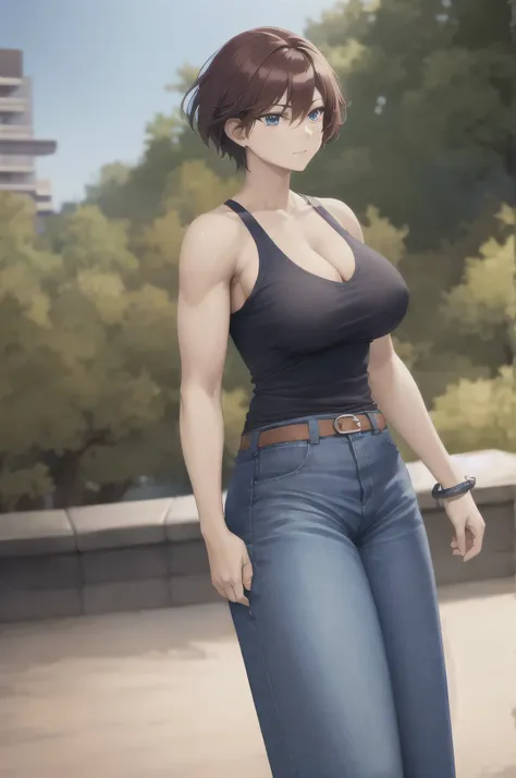 masterpiece、highest quality、Anime Women、fujieda yoshino as a Muscular female、Brown Hair、Short Hair、Blue Eyes、Black tank top、Skin tight tank top、Big Breasts、cleavage、A woman with very large breasts、Denim pants、Cowboy Shot、Tall Woman、looking at viewer、Female...