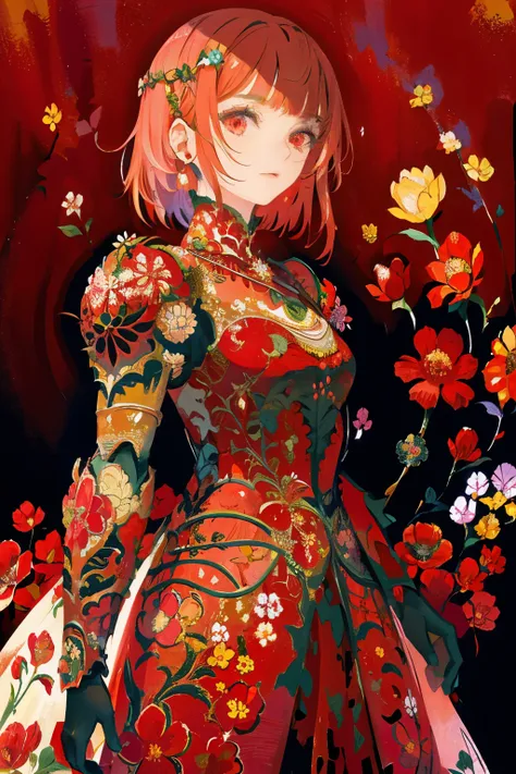 woman, flower dress, colorful, darl background,flower armor,red theme,