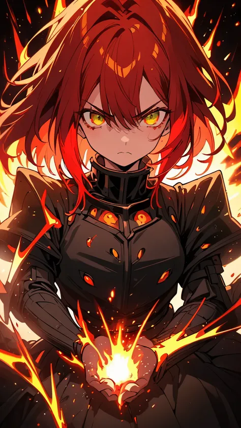 ((high contrast)), 1girl, angry, ((emotive expression)), ((bright red hair style)), (( intense green eyes)), ((flaming crown)), (( war-torn armor)), ((magma-soaked surroundings)), (( hellish landscape)), ((medium close-up)), ((centered)), ((flickering flam...