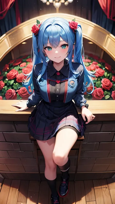 DJ,club house,DJ Booth,DJ equipment,live,Blue Hair,Medium Hair,(Put a red rose in your hair),Green Eyes,Rose-patterned clothes,17 years old,Black thigh-high socks,smile,Rose petals flutter