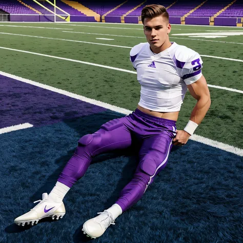 full body full view, on a football field, a young white footballer muscular male with undercut light brown hair, purple shiny nylon football outfit, purple socks and purple cleats, Sexy tight end cuffed and has his tight end groped