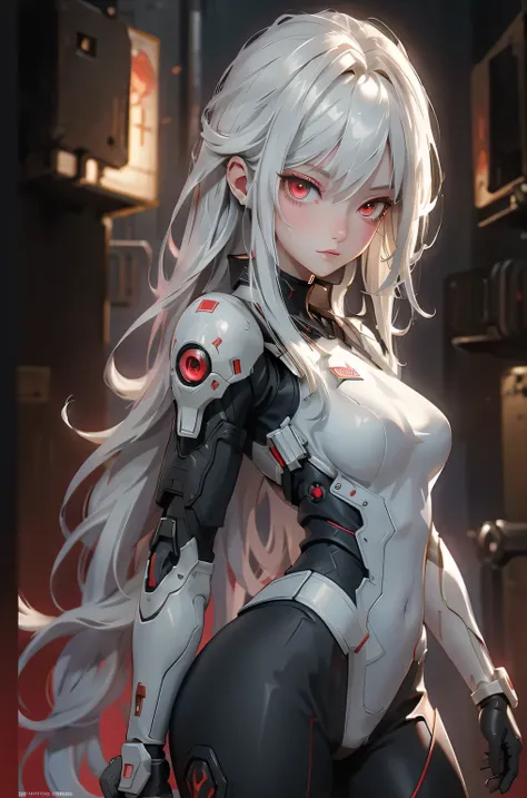 ((Cyberpunk women images))，Cool pose、(masterpiece:1.4, highest quality, Dutch Angle)(One Girl, alone)（Gray hair that changes with light、Smooth and straight hair、WHITE hair fluttering in the wind）、（beautiful, Glowing Skin、Cheek Gloss Highlighter、Sexy and ve...