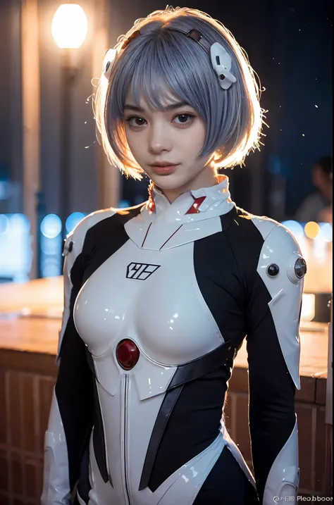 (best quality, masterpiece, colorful, dynamic angle, highest detailed)(Rei Ayanami), upper body photo, fashion photography of cute girl (Rei Ayanami), red eyes, dressing high detailed Evangelion white suit (high resolution textures), in dynamic pose, bokeh...