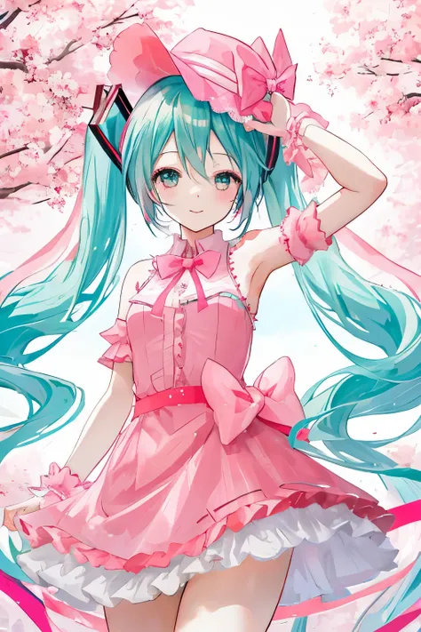 Lively,Hatsune miku with pink dress and pink ribbon hat,highest quality