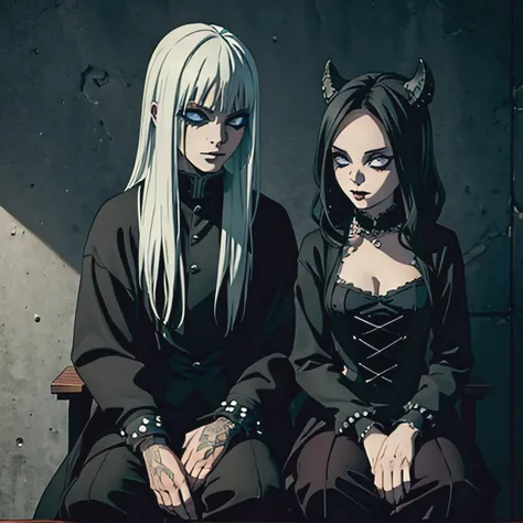 there are two women dressed in gothic costumes sitting on a stool, ska skeleton and girlfriend, in style the demon seated, imvu, dressed in crustpunk clothing, gothic harts, second life avatar, couple pose, demoness, grungy gothic, 2 b, 2b, dark and gothic...
