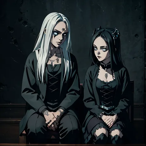 there are two women dressed in gothic costumes sitting on a stool, ska skeleton and girlfriend, in style the demon seated, imvu,...