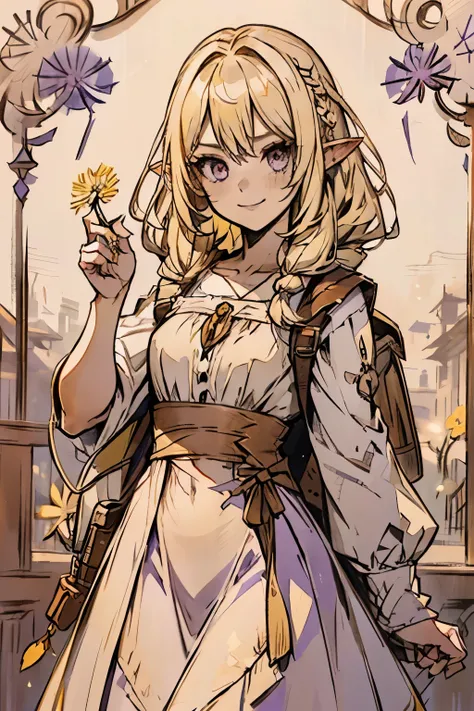 blood_elf, (blonde hair), ((purple eyes)), (braids), long white dress, ((holding a yellow dandelion in hand)), ((waist_long_hair)), world_of_warcraft, female, detailed_hands, brown_knapsack, long_ears, grown woman, medium breasts, no visible stomach, no vi...