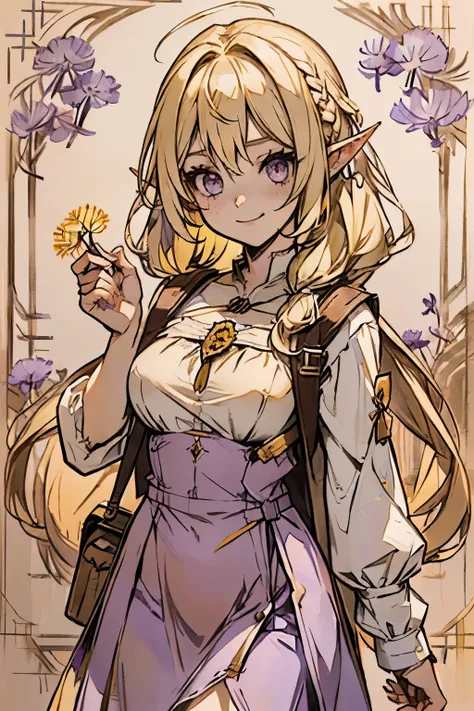 blood_elf, (blonde hair), ((purple eyes)), (braids), long white dress, ((holding a yellow dandelion in hand)), ((waist_long_hair)), world_of_warcraft, female, detailed_hands, brown_knapsack, long_ears, grown woman, large breasts, no visible stomach, no vis...