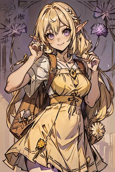 blood_elf, (blonde hair), ((purple eyes)), (braids), long white dress, ((holding a yellow dandelion in hand)), ((waist_long_hair)), world_of_warcraft, female, detailed_hands, brown_knapsack, long_ears, grown woman, large breasts, no visible stomach, no vis...