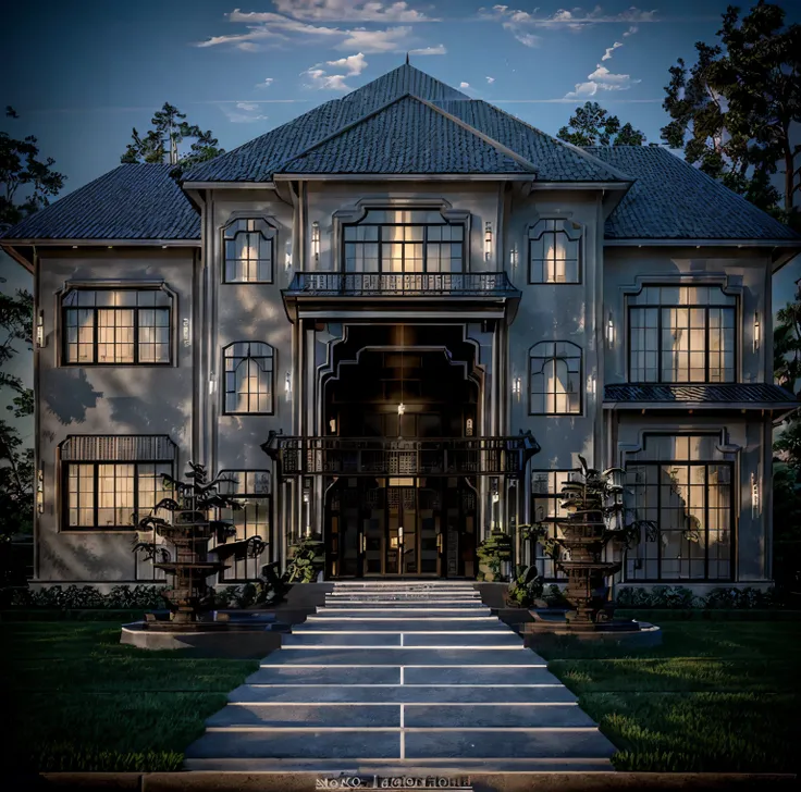 there is a man standing in front of a large white house, neo - classical style, neo - classical, neo-classical, rich house, inter dimensional villa, exterior design, realistic render, in style of ultra realistic, highdetailed, very realistic render, archit...
