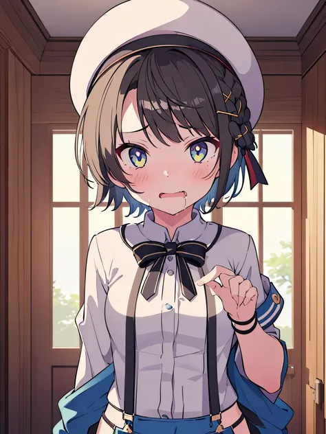 NSFW,(One girl:1.5),subaru_suspenders、French Braid、Grey Shirt、No arms、Black bow tie、Blue shorts、abdomen、Grey hat、Grey socks,indoor,inn,(Perfect hands),(Perfect Anatomy),(masterpiece),(highest quality),(Lustful face:1.5),Embarrassed,blush