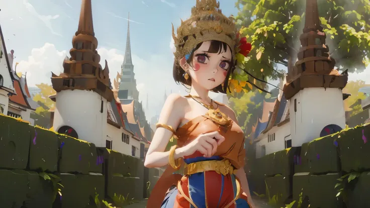 anime girl in a brown dress and a crown standing in front of a castle, artwork in the style of guweiz, anime thai girl, guweiz, ...