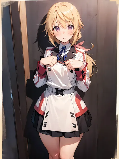 NSFW,(One girl:1.5),sd1、Charlotte Dunois、ponytail、uniform、skirt、Hair Ribbon、belt、Long sleeve,(Perfect hands),(Perfect Anatomy),(masterpiece),(highest quality),Embarrassed,blush