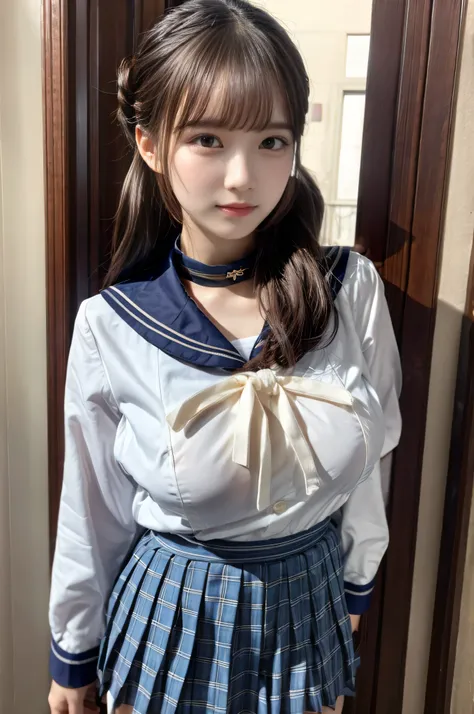 ((highest quality、8k、masterpiece:1.3))、One Girl、Beautiful woman standing in the house:1.3、(Updo、Huge boobs:1.4)、(Sailor collar uniform:1.5)、Very delicate face、Delicate eyes、double eyelid、Close up of upper body from below, bloom, Natural light