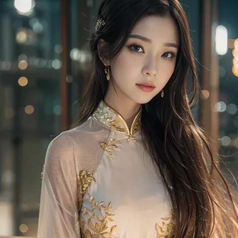 Beautiful and exquisite Asian woman、Wearing Ao Dai and looking at the camera、Night cityscape、Digital Painting、masterpiece、Very sophisticated、Cinematic照明、Warm Tone Palette、Atmospheric、elegant、delicate、beautiful、Intricate details、Photorealistic、8k、highest qu...