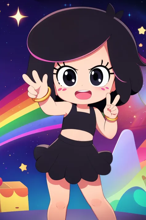 (masterpiece), 1girl, solo, hanazuki, black hair, highlights, black eyes, pink nose, freckles, bracelet, black crop-top, black s...