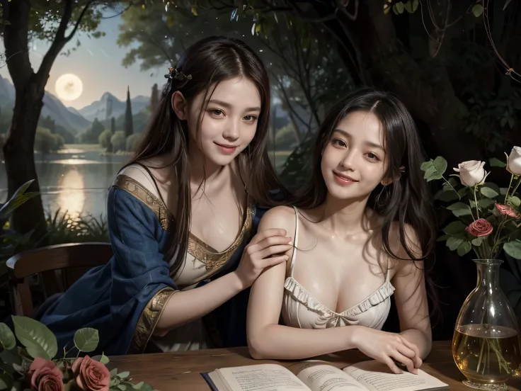 Giorgione painting style,Arguments of two female Philosophe,math、astronomical machine、astronaut、roses in vase、fruits、Cute trinkets、smile、ancient greek costume、Background is a forest lake at night 、Clothes that stretch your shoulders、A big smile、beautiful b...