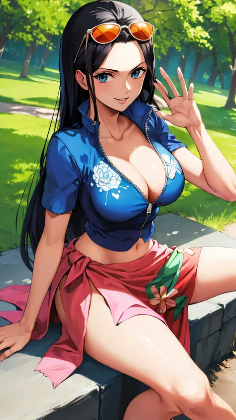 masterpiece, best quality, highres, nico robin, long hair, black hair, hair slicked back, eyewear on head, sunglasses, blue eyes, collarbone, cleavage, blue jacket, cropped jacket, partially unzipped, short sleeves, midriff, sarong, print sarong, sitting, ...